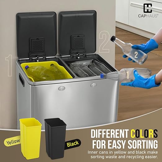 CAPHAUS Dual Trash Can with Double Lid, Trash and Recycle Bins Combo, Hands-Free Stainless-Steel Garbage Can for Kitchen, with 2 Compartment, Hinged Lid, Odor Filters, Handles, 30L+30L, 2 x 8 Gallon-DeskLoop Office