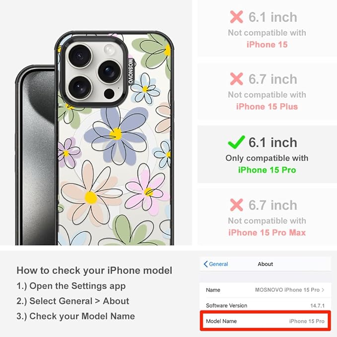 MOSNOVO Magnetic Case for iPhone 15 Pro, 10ft Military-Grade Protection, Compatible with Magsafe, Shockproof Phone Case for iPhone 15 Pro - Linear Blooms - Clear Black-DeskLoop Office