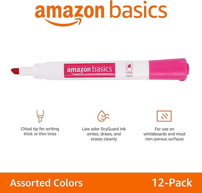 Amazon Basics Dry Erase Markers For Whiteboards, Chisel Tip, Low-Odor, Assorted Colors, Pack of 12-DeskLoop Office