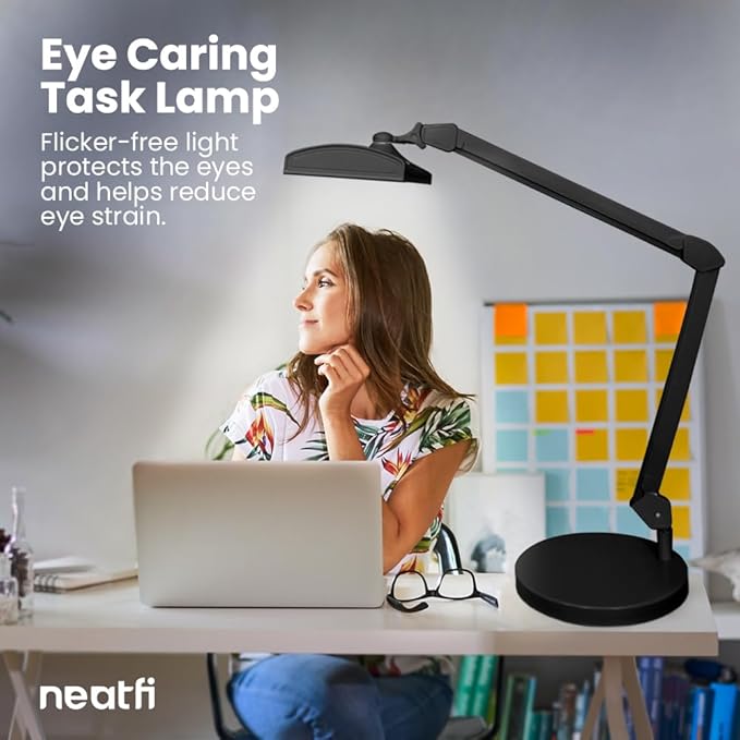 Neatfi Ultra 3,500 Lumen LED Desk Lamp, Color Correlated Temperature, 3 Light Modes, Dimmable, 45W, 26 Inch Wide Metal Shade, 540 SMD LEDs (CCT with Base, Black)-DeskLoop Office