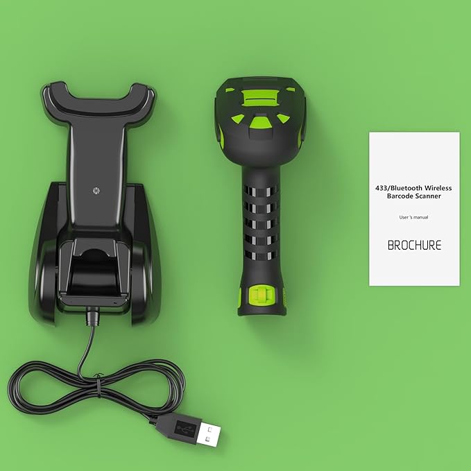 Alacrity Long-Range Scanning Industrial Barcode Scanner, 1D/2D Symbologies, Wireless Charging, Long-Distance 433MHz Wireless & Bluetooth Connectivity, Shock and Dust-Proof Barcode Reader, Green-DeskLoop Office