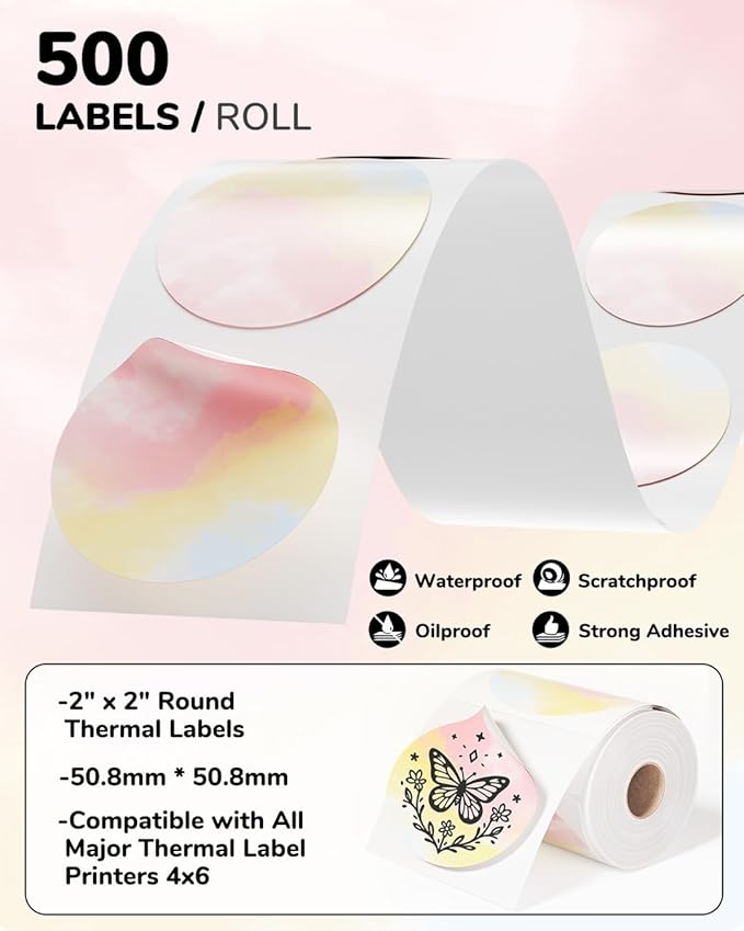 2 Inch Round Thermal Labels, 500PCS Color Thermal Sticker Label, Self-Adhesive Stickers for Small Business Supplies, DIY, Name Tag, Compatible with All Shipping Label Printer, 500 Labels/Roll-DeskLoop Office