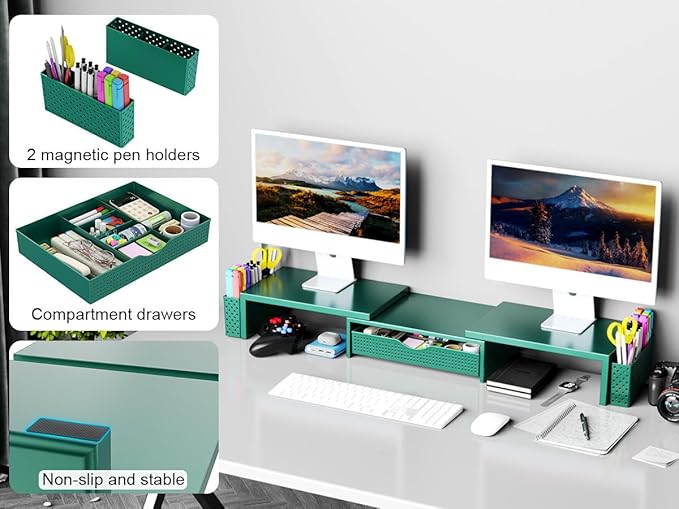 Spacrea Metal Desk Organizers and Accessories, Dual Monitor Stand Riser with Drawer and 2 Pen Holders, Desk Accessories & Workspace Desktop Organizers for Office Supplies (Dark Gree)-DeskLoop Office