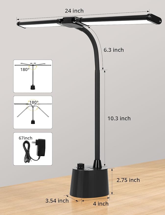 Desk Lamp with Dual Head & 10W Smart Dual USB Charging Port 5 Color Modes Dimmable Reading Light 2600 Lumens 12W Table Lamp for Bedside Office, Adapter Include-DeskLoop Office