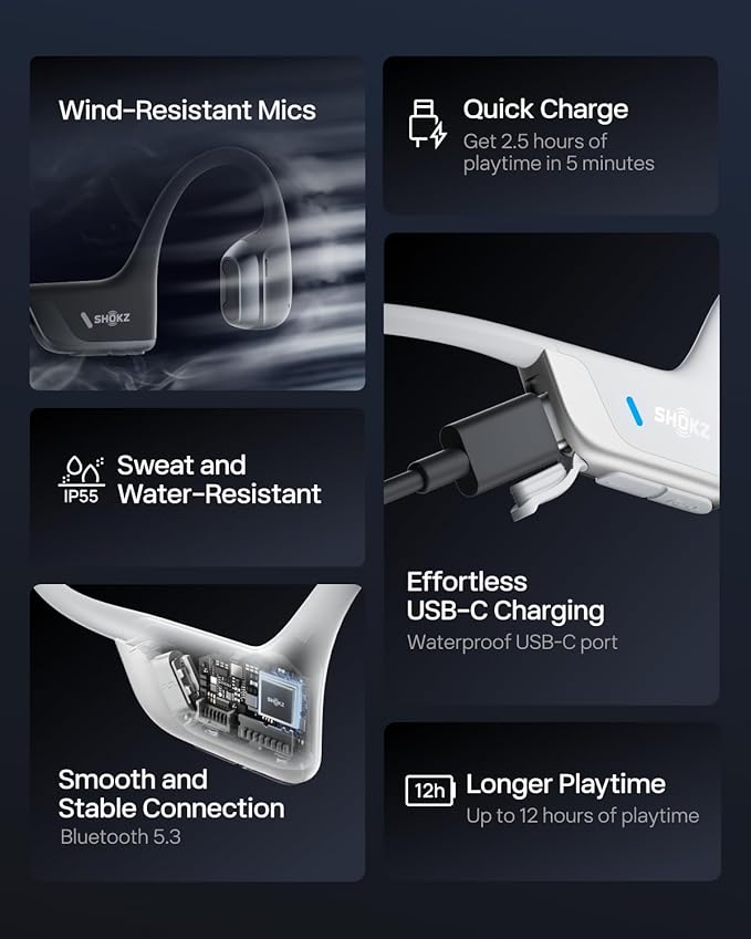 SHOKZ New OpenRun Pro 2 - Open-Ear, Bone Conduction Sport Headphones - with Reflective Strip - Sweat Resistant, Workout Headphones - Secure, Wireless, Comfortable Fit-Deep Bass and Smart Mic App-DeskLoop Office