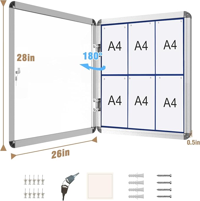 28"x26" Enclosed Bulletin Board, Lockable Weather-Resistant Aluminum Cork Noticeboard for School & Office, Silver Frame w/Blue Flet-DeskLoop Office