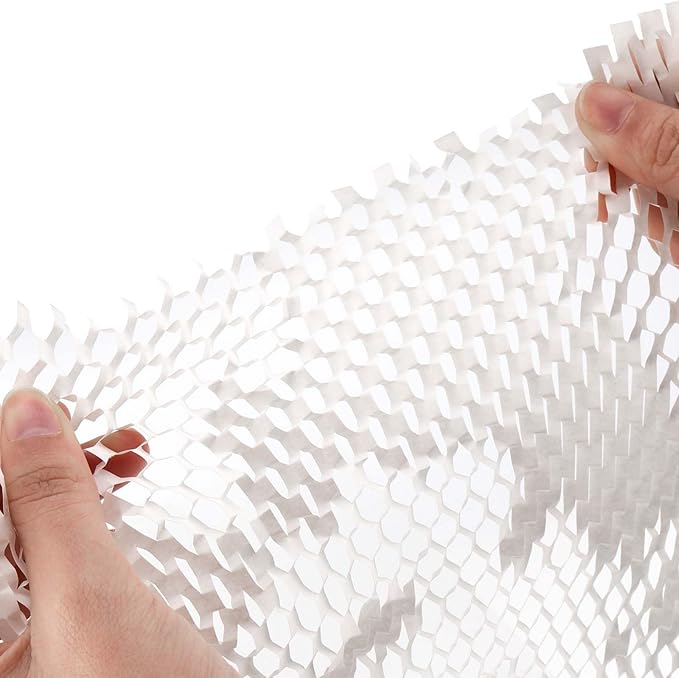 JAPCHET 15 In x 164 Ft White Honeycomb Packing Paper, Honeycomb Paper with Sticker Labels and 10 m Rope Honeycomb Wrap Roll for Packaging and Shipping-DeskLoop Office