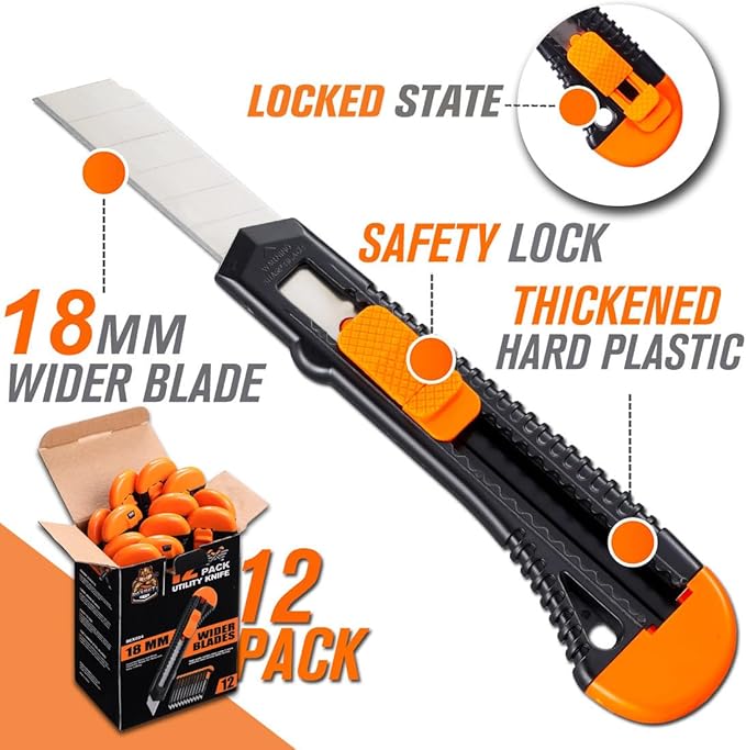 REXBETI 12-Pack Utility Knife, Retractable Box Cutter for Cartons, Cardboard and Boxes, 18mm Wider Razor Sharp Blade, Smooth Mechanism, Perfect for Office and Home use-DeskLoop Office