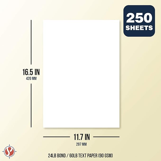 A3 Premium Bright White Paper – Great for Copy, Printing, Writing | 297 x 420 mm (11.7" x 16.5") | 24lb Bond / 60lb Text (90gsm) | 250 Sheets per Pack-DeskLoop Office