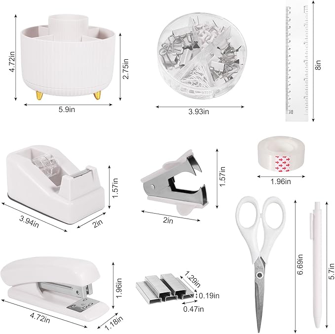 White Desk Organizers and Accessories 10Pcs Set with 360-Degree Rotating Pen Holder, Tape Dispenser, Stapler, Staple Remover, 1000 Staples, Tape, Clips Set, Ruler, Scissor, Pen (White)-DeskLoop Office