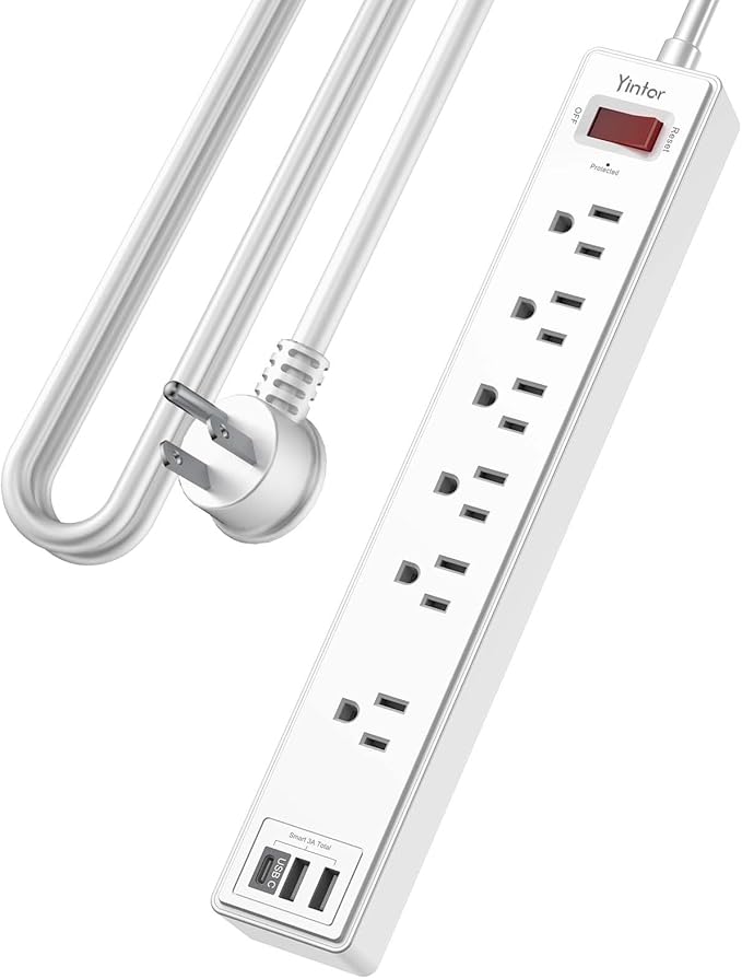 10 Ft Power Strip Surge Protector - Yintar Extension Cord with 6 AC Outlets and 3 USB Ports for Home, Office, Dorm Essentials, 1680 Joules, ETL Listed, White-DeskLoop Office