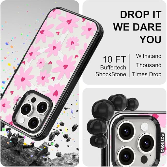 MOSNOVO Magnetic Case for iPhone 15 Pro, 10ft Military-Grade Protection, Compatible with Magsafe, Shockproof Phone Case for iPhone 15 Pro - Love in Bloom - Clear Black-DeskLoop Office