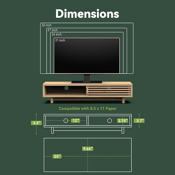 Monitor Stand Riser with Sliding Door, Computer Laptop Stand Desk Shelf Organizer with Storage (Natural Bamboo, 25 Inch)-DeskLoop Office