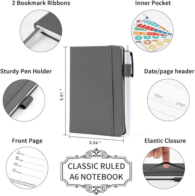 feela 15 Pack Pocket Small Notebooks Bulk, Mini Cute Notepads Hardcover College Ruled Lined Journals with Pen Holder for School Business Memos, with 15 Black Pens, 3.5”x 5.5”, A6, Gray-DeskLoop Office