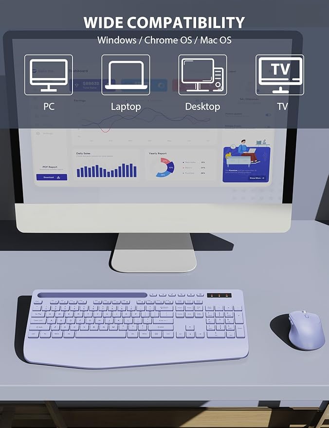 Wireless Keyboard and Mouse Combo - Full-Sized Ergonomic Keyboard with Wrist Rest, Phone Holder, Sleep Mode, Silent 2.4GHz Cordless Keyboard Mouse Combo for Laptop, Computer, PC, Mac, Windows -Trueque-DeskLoop Office