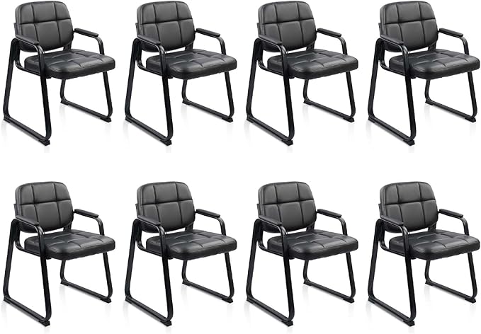 CLATINA Waiting Room Guest Chair with Bonded Leather Padded Arm Rest for Office Reception and Conference Desk Black with Sled Base 8 Pack-DeskLoop Office