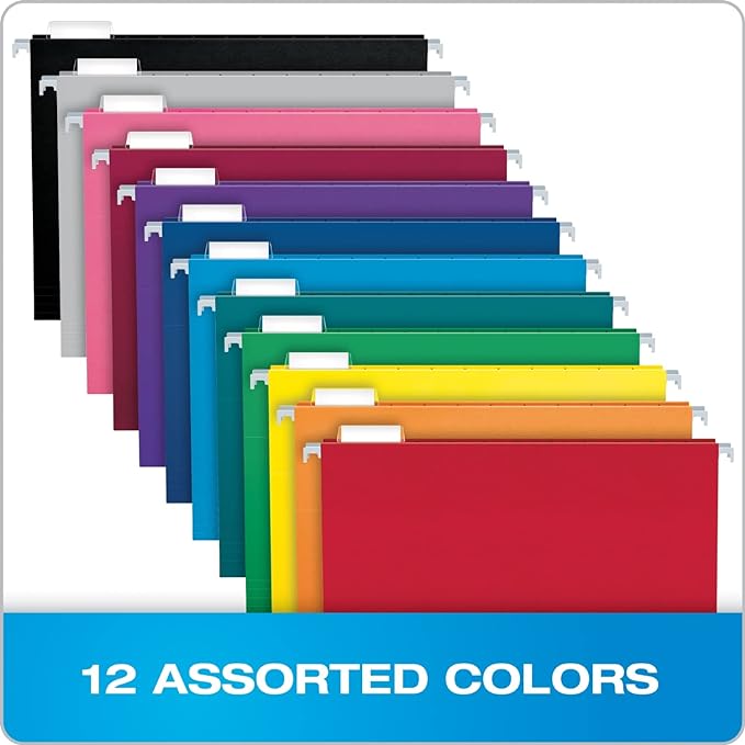Pendaflex Colored Hanging File Folders Letter Size with 1/5 Cut Adjustable Tabs, 8.5 X 11-50 Pack of 12 Assorted Colors-DeskLoop Office
