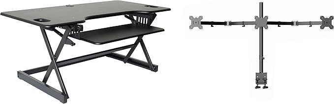 Rocelco 46" Large Height Adjustable Standing Desk Converter with Triple Monitor Mount BUNDLE - Quick Sit Stand Up Computer Workstation Riser - Retractable Keyboard Tray - Black (R DADRB-46-DM3)-DeskLoop Office