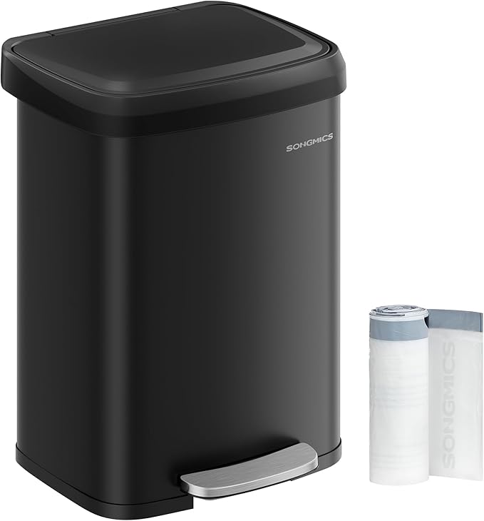 SONGMICS Kitchen Trash Can, 13 Gallon (50 L) Stainless Steel Garbage Can, with Stay-Open Lid and Step-on Pedal, Soft Closure, Tall, Large and Space-Saving, Black ULTB530B50-DeskLoop Office