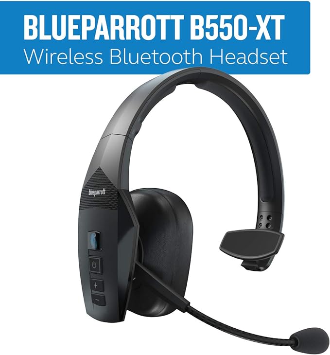 BlueParrott B550-XT Mono Bluetooth Wireless Headphones 96% Noise Canceling Over Head Trucker Headset with Mic, 100% Voice Control, IP54-Rated Protection, 24 hrs. Talk Time, Black-DeskLoop Office