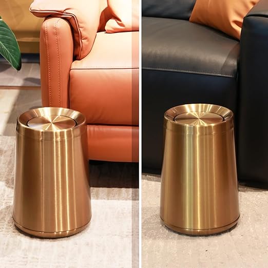 10 L/2.6Gallen,Swing Lid Gold Brass Trash Can,Brushed Nickel Garbage Can Bathroom with Flipping Lid,for Bathroom, Living Room,Bedroom,Hotel (Rose Gold)-DeskLoop Office