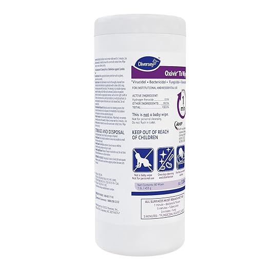 Oxivir Diversey Tb 5388471 Ready-to-Use Disinfectant Cleaning Wipes, Accelerated Hydrogen Peroxide, Large 7x8-Inch Sheets, 60-Wipes, 1-Slim Canister (Pack of 12)-DeskLoop Office