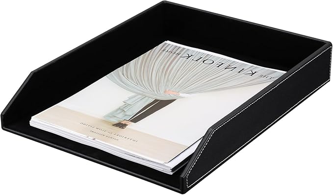 KINGFOM Letter Tray, PU Leather Paper Organizer Tray for Desk, Paper Organizer Storage Holder for Office Home or School A4 Size Black-DeskLoop Office