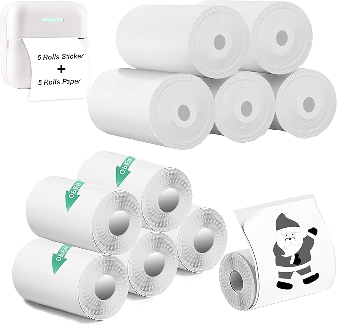 5 Rolls Thermal Paper & 5 Rolls Self-adhesive Stickers for Mini Receipt Printer - White Portable Bluetooth Pocket Printer Paper Refill-DeskLoop Office