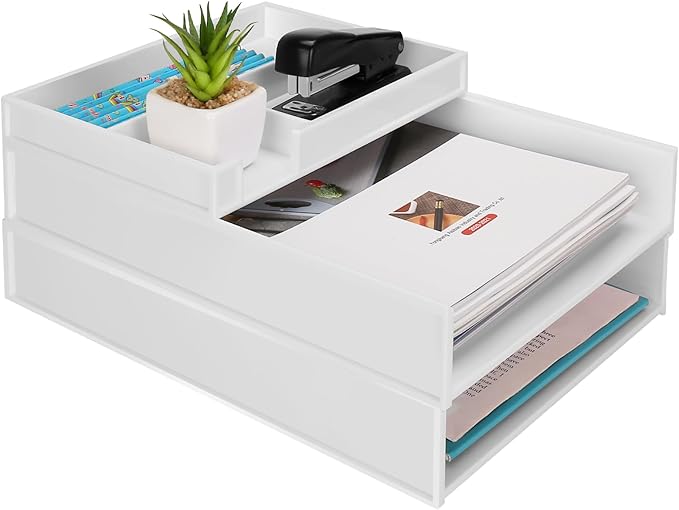 Stackable Letter Tray, 3 Pcs A4 Paper Tray, Desk Document File Organizer Set, Plastic Desk Paper Tray Organizer for A4 Paper Magazine, Receipts, Office Supplies,White-DeskLoop Office