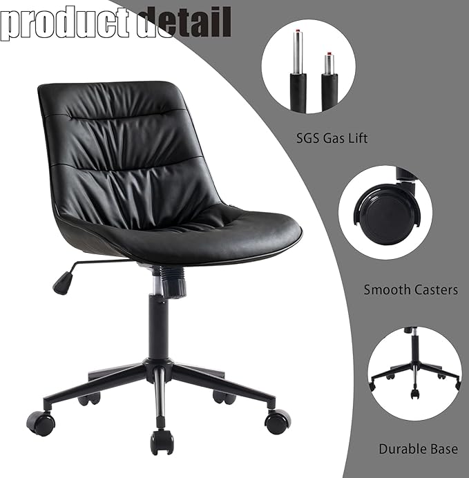 Kidol & Shellder Faux Leather Office Chair, Adjustable Swivel Height Task Chair, Rolling Wheels & Soft Backrest - Armless Ergonomic Desk Chair for Home, Office,Vanity,Gaming(Black)-DeskLoop Office