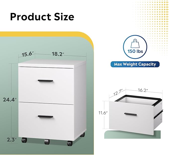 DEVAISE Wood File Cabinet, 2 Drawer Filing Cabinet for Home Office, Vertical File Cabinets with Wheels fits A4/Letter/Legal Size File, White-DeskLoop Office