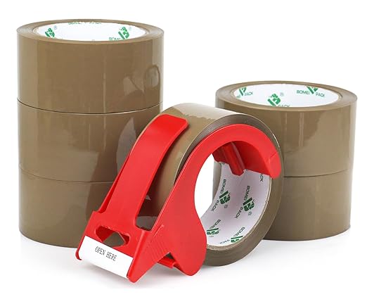 BOMEI PACK Brown Packing Tape with Dispenser, 2.6 Mil 1.88 Inch x 60 Yards, 6 Refills Rolls Moving Tape for Box Packaging, Shipping and Storage-DeskLoop Office