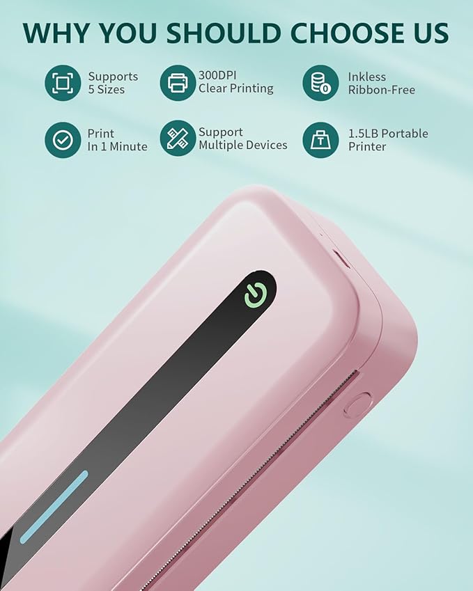 COLORWING Portable Printers Wireless for Travel, 300DPI Mini Compact Inkless Printer, Thermal Bluetooth Printer Compatible with Android and iOS Smartphone & Tablet & Laptop - Pink-DeskLoop Office