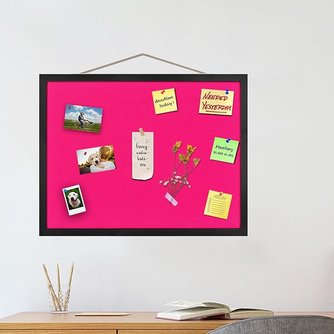 Large Bulletin Board Cork Boards Vision Board with Felt, 23"x17" Display Pin Board for Walls, Desk, Jewelry, Notes, Collection, Photos, Office, Black Framed and Pink Felt Board, 1pc