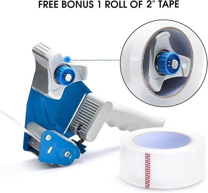 Pacific Mailer 2 Inch Tape Gun Dispenser with 2 Inch Carton Packing Tape, Lightweight Industrial Side Loading Tape Dispenser - Blue-DeskLoop Office
