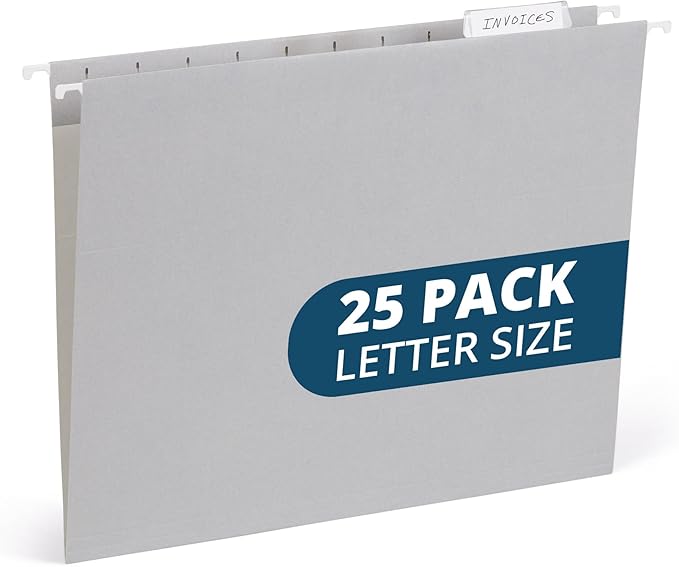25 Blue Summit Supplies Grey Hanging File Folders Letter Size - Durable 11pt Paper, Hanging File Folders Gray, Plastic Tabs and Inserts Included, Perfect for Office Organization-DeskLoop Office
