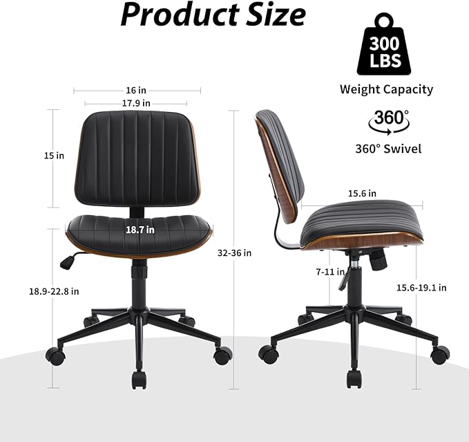 Small Home Office Chair - Armless Mid Back Desk Chair with 360° Swivel and Wheels, PU Upholstered Height Adjustable Modern Walnut Computer Chair for Home, Office Meeting Room - White-DeskLoop Office
