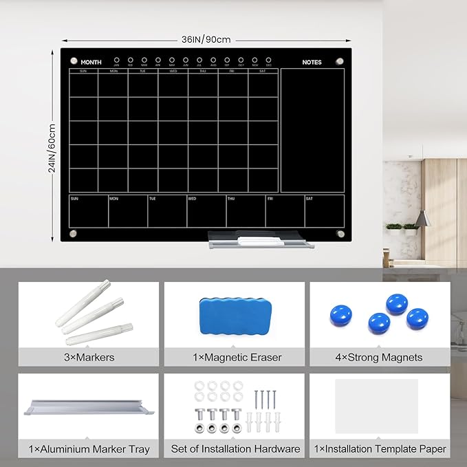 Magnetic Glass Whiteboard 36X24 Monthly Planner Calendar Dry Erase Board for Home, School, Office, Frameless, with Markers, Marker Tray, Eraser, Magnets (Black)-DeskLoop Office