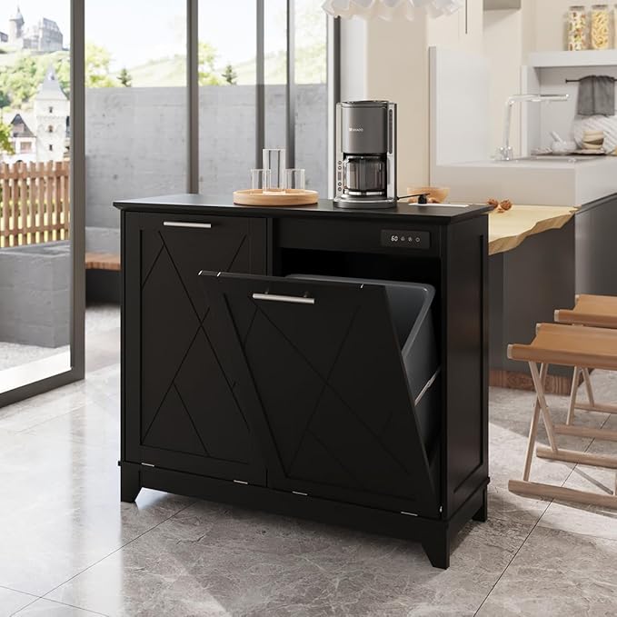 20 Gallon Tilt Out Trash Cabinet, Kitchen Trash Can Cabinet w/Negative ion and deodorizing Function, Dog Proof Garbage Can Cabinet for Kitchen, Bathroom, Living Room, Black-DeskLoop Office