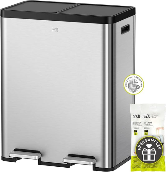 EKO Essential 8+8 Gallon Dual Trash Can, Kitchen Step Recycle Trash Can with Dual Removable Bucket, Independent Lids and Pedals, Brushed Stainless Steel-DeskLoop Office