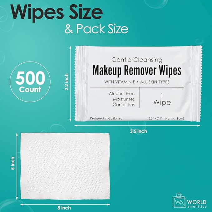 Bulk Makeup Remover Wipes | 500 Count| Individually Wrapped, Gentle Cleansing, Alcohol Free - All Skin Types - Vitamin E - 100% Recyclable, Hotel Travel Size Toiletries-DeskLoop Office
