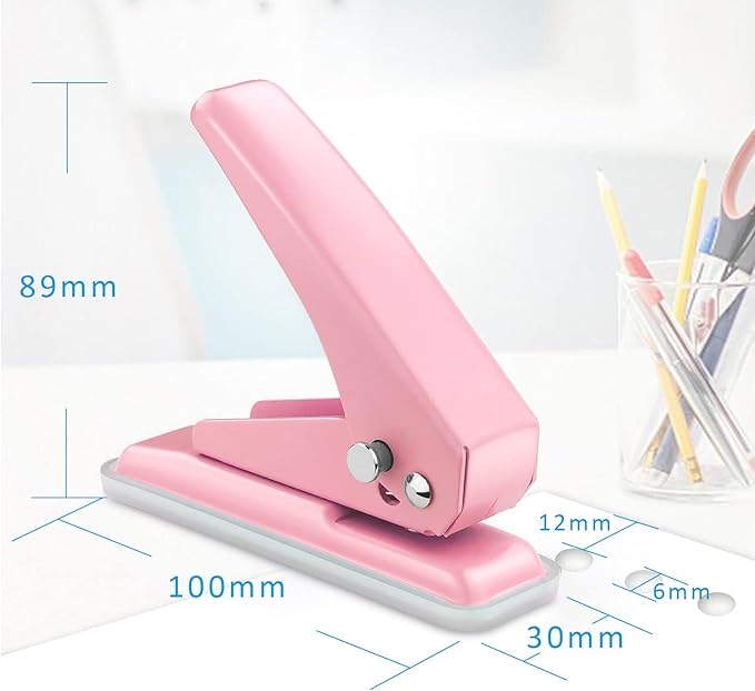 Single Hole Puncher Handheld 1/4 Inches Hole Punch, 20 Sheet Paper Punch Capacity Metal Hole Puncher with Skid-Resistant Base for Paper, Chipboard, Art Project, Pink-DeskLoop Office