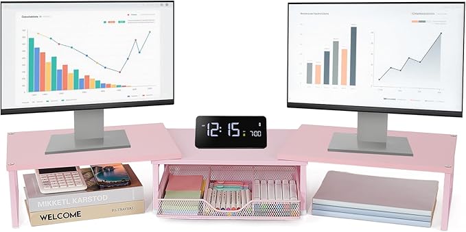 Dual Monitor Stand Riser, Desk Organizer with Drawer, Office Desk Organizers and Accessories, Office Workspace Organization Computer Monitor Stand for Laptop, Printer, TV(Pink)-DeskLoop Office
