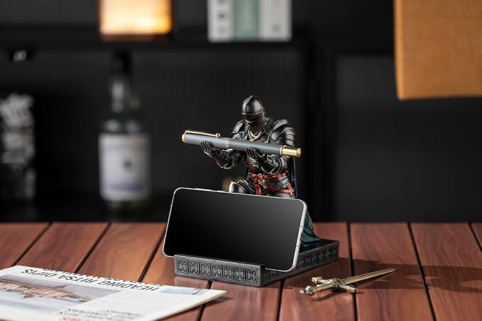Medieval Armored Warrior Wearing Outerwear, Mobile Phone Stand Knight Pen Holder Desk Organizers, Resin Bookends Paperweight with a Letter Opener for Desk (Iron&Green)-DeskLoop Office
