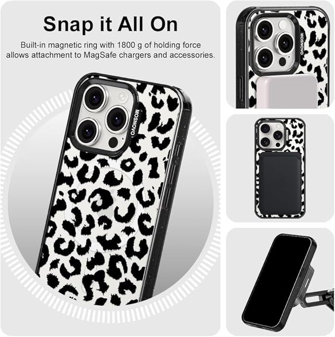 MOSNOVO Magnetic Case for iPhone 15 Pro, 10ft Military-Grade Protection, Compatible with Magsafe, Shockproof Phone Case for iPhone 15 Pro - Black Leopard Print - Clear Black-DeskLoop Office