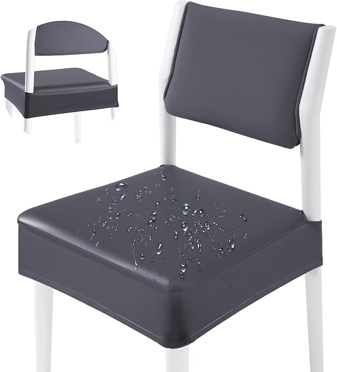 CWK Waterproof PU Leather Dining Chair Covers Set of 2-Stretchable Chair Seat Slipcovers, Removable & Washable Protector for Dining Room,Home,Office,Wedding,Rear Covers (PU-Grey)-DeskLoop Office