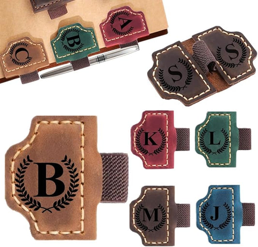 Custom Bookmark with Pen Holder with 26 Letters Personalized Magnetic Leather Book Mark, Customized Name Book Marker Clip with Initial for Men Women, Gifts for Book Lovers, Readers, (Brown, B)-DeskLoop Office