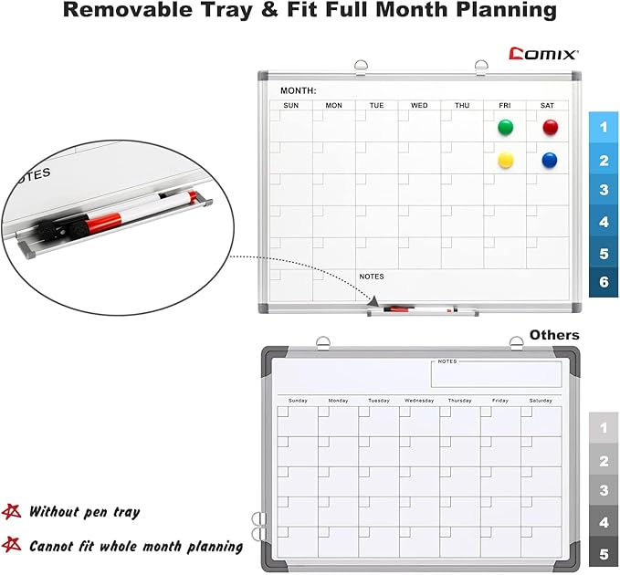 Comix Magnetic Dry Erase Calendar Whiteboard, 24 x 18 Inches Monthly Calendar Dry Erase Board for Wall, Aluminum Frame Planner White Board with Markers, Eraser, Magnets-DeskLoop Office