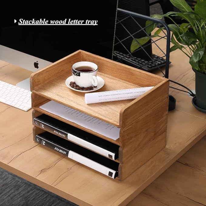 Wood Stackable Paper Trays for Office Supplies and Accessories - Desk Organizer Tray for Letter Document Magazine -Wooden Desktop File Folder Holder Shelf 2 Set Light(2CTP-LT)-DeskLoop Office