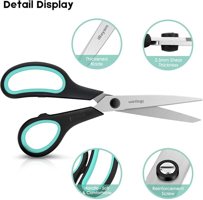 3-Pack 8" Heavy Duty Scissors with Ultra Sharp Blades and Comfort Grip Handles - For Office, Home, School, Sewing, and Crafts-DeskLoop Office